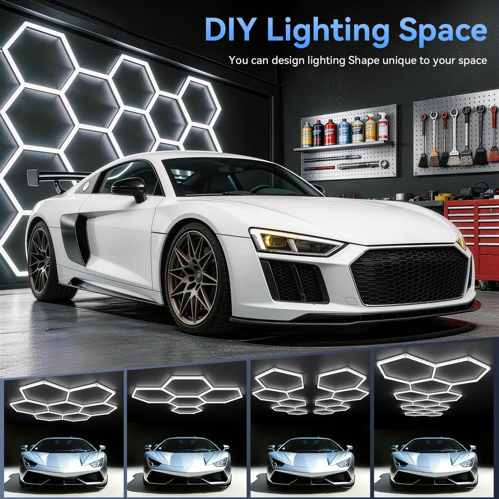 LZHOME LED Hexagon Garage Light: 12700LM Car Detailing Shop Light, DIY Splicing Ceiling & Wall Decor Lights, for Workshop Basement Gym Warehouse Bar Gaming Room