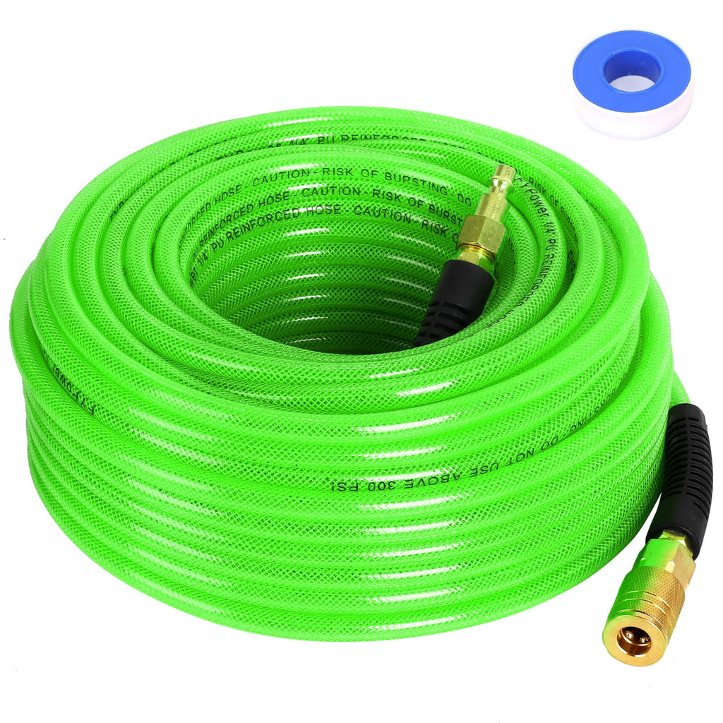 Air Compressor Hose 1/4 Inch x 25 Feet Reinforced Polyurethane (PU) Air Hose with Fittings, Bend Restrictors, 1/4" Industrial Quick Coupler and Plug Kit, Green