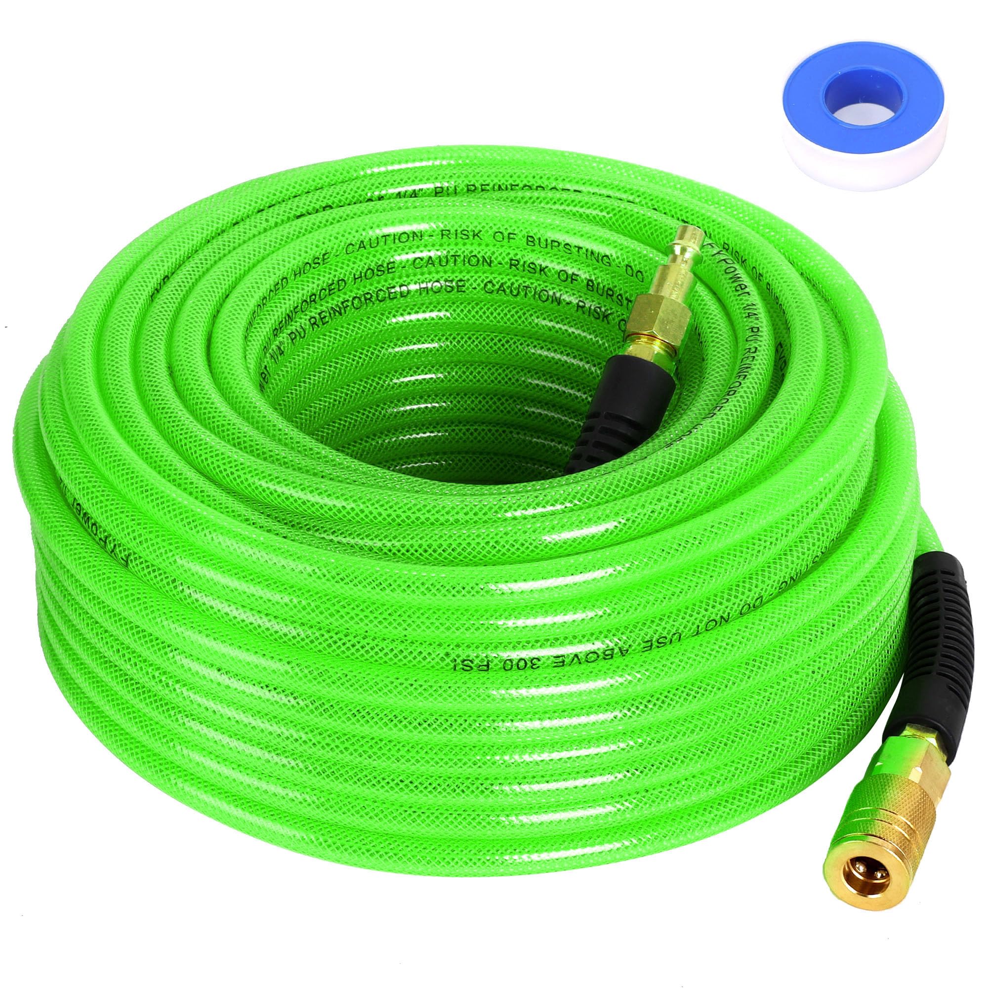 Air Compressor Hose 1/4 Inch x 25 Feet Reinforced Polyurethane (PU) Air Hose with Fittings, Bend Restrictors, 1/4" Industrial Quick Coupler and Plug Kit, Green