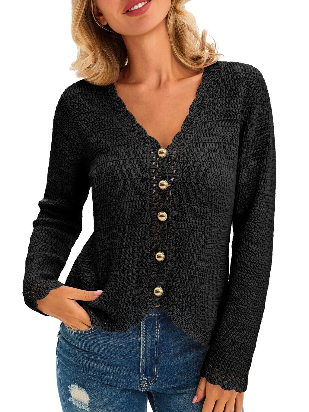 Saodimallsu Womens V Neck Cardigan Sweaters Button Up Cropped Boho Knit Long Sleeve Loose Trendy Sweater Tops