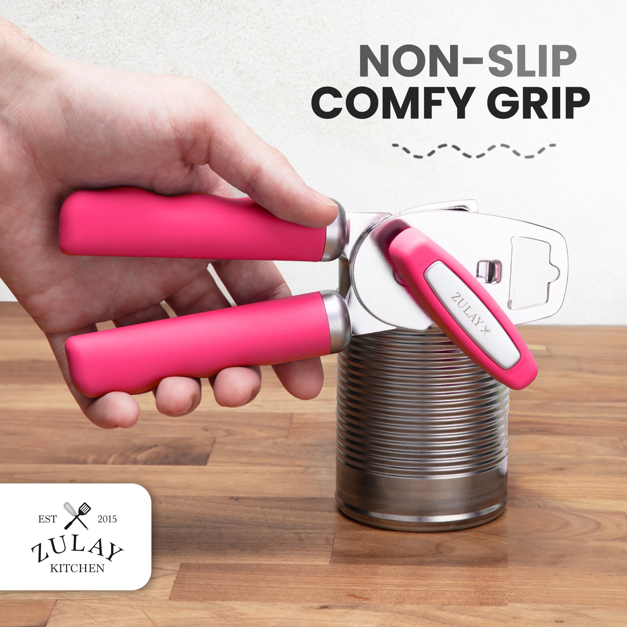 Zulay Kitchen Heavy Duty Stainless Steel Can Opener Manual with Bottle Opener - Rust Proof Manual Can Opener With Turn Knob & Comfy Soft Grip Handles - Airy Lilac