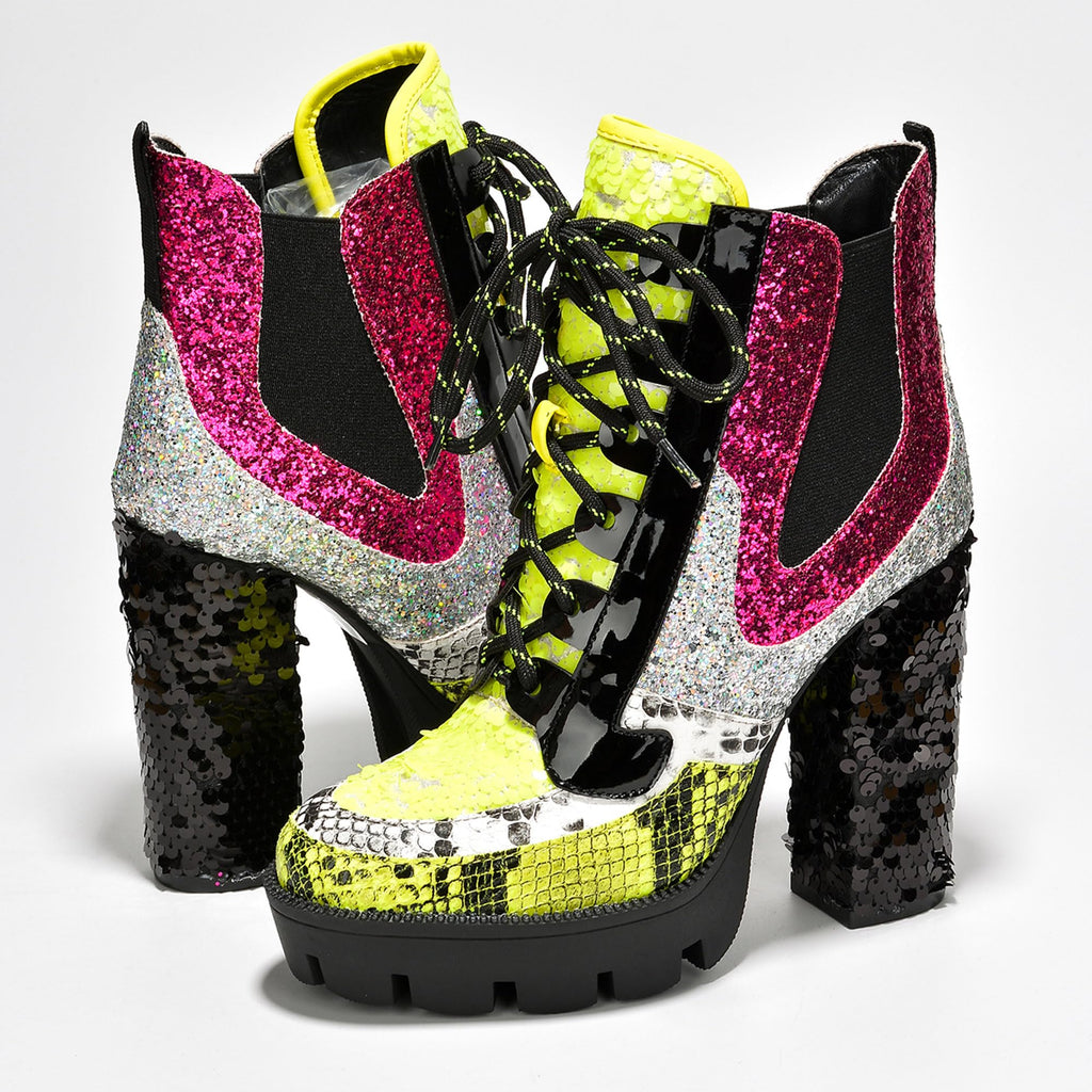 Cape Robbin Nell Heeled Boots for Women Sparkly Sequin Platform Chelsea Boots Women - Chunky Block Heels with Sequined Tongue and Heel - Stylish Glitter Ankle Boots for Women