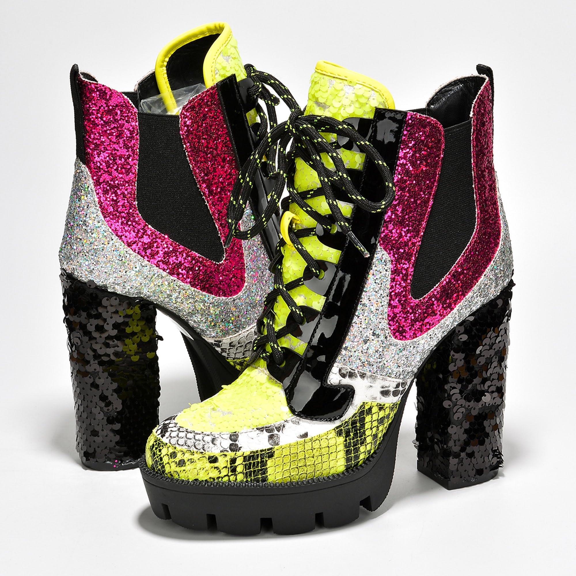 Cape Robbin Nell Heeled Boots for Women Sparkly Sequin Platform Chelsea Boots Women - Chunky Block Heels with Sequined Tongue and Heel - Stylish Glitter Ankle Boots for Women