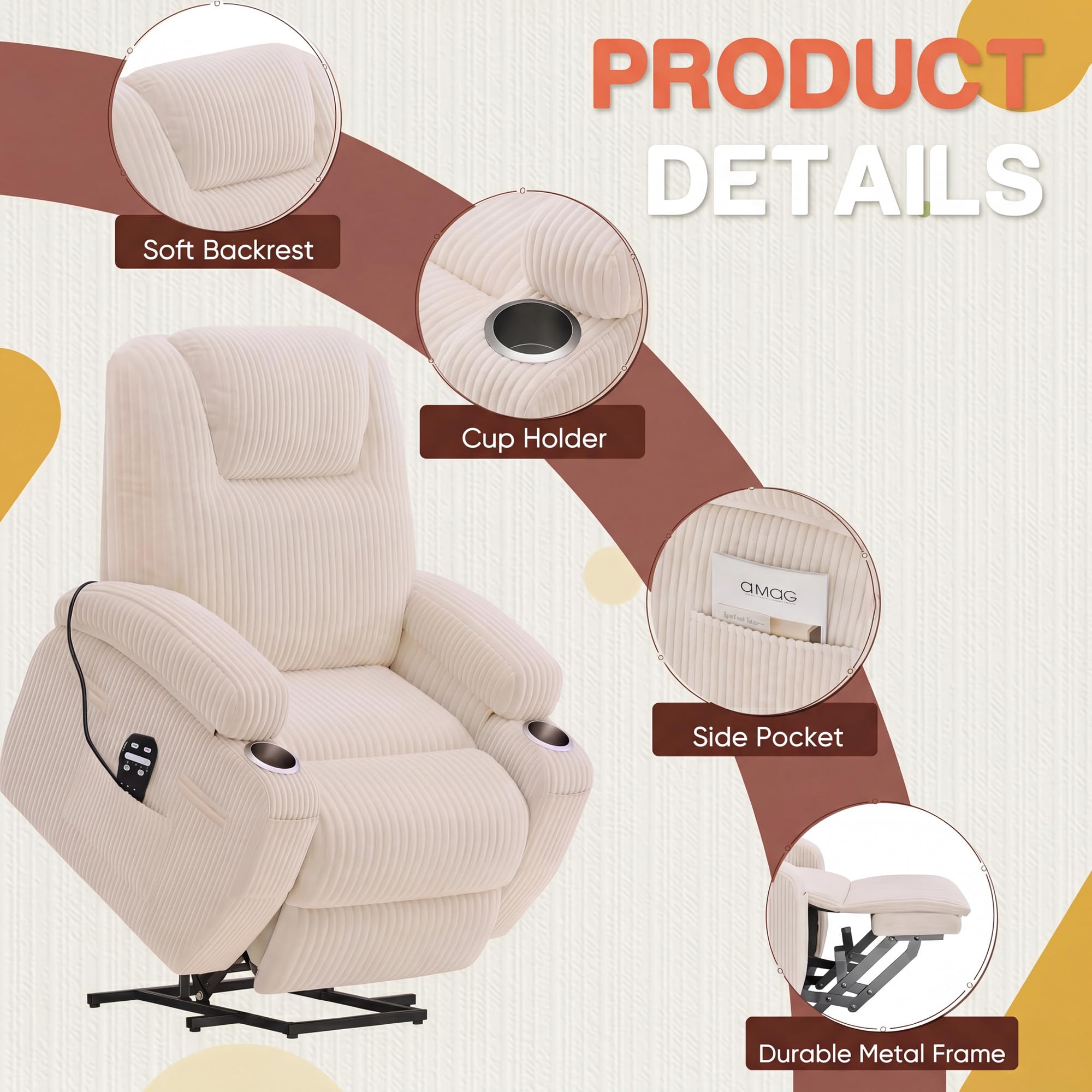 Furmax Electric Power Lift Recliner Chair with Massage for Elderly Corduroy Fabric Recliner Single Sofa with Cup Holders, Side Pockets and Remote Control for Living Room Bedroom (Leathaire, Brown)