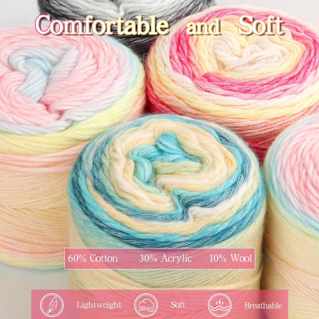 Katech Fairyland Yarn for Crocheting Knitting-Gradient Yarn Cake-4 Pack of 100g/3.52 oz-Soft DK Light Weight #3-60% Cotton 30% Acrylic 10% Wool-Perfect for Scarves, Shawls, Blankets and Garments(A)