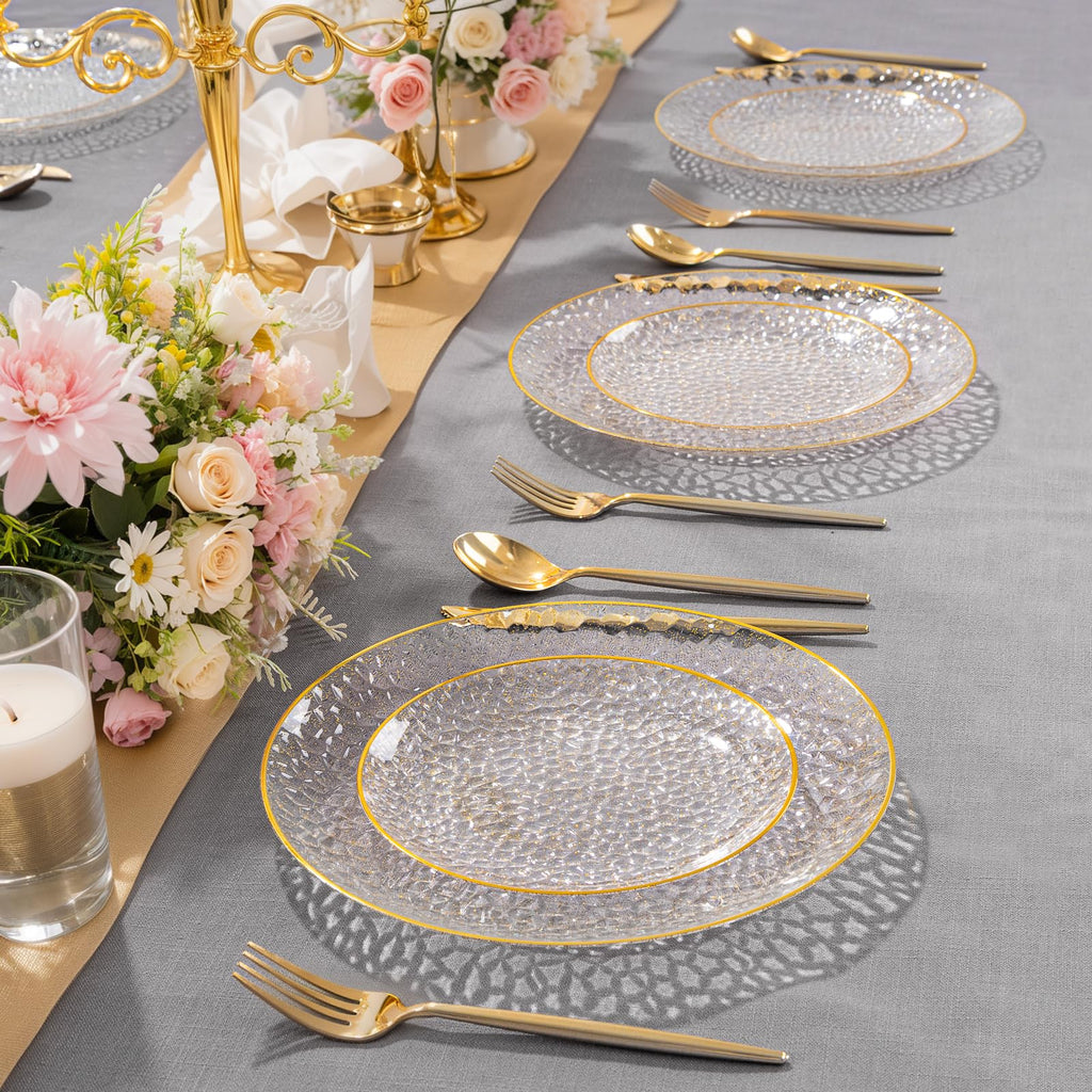 Rubtlamp 100Pcs Amber Gold Plastic Plates, Disposable Plates With Gold Rim, Heavy-duty Party Platos, Hammered Plastic Plates Include 50 Clear Dessert Plates, 50 Dinner Plates for Party
