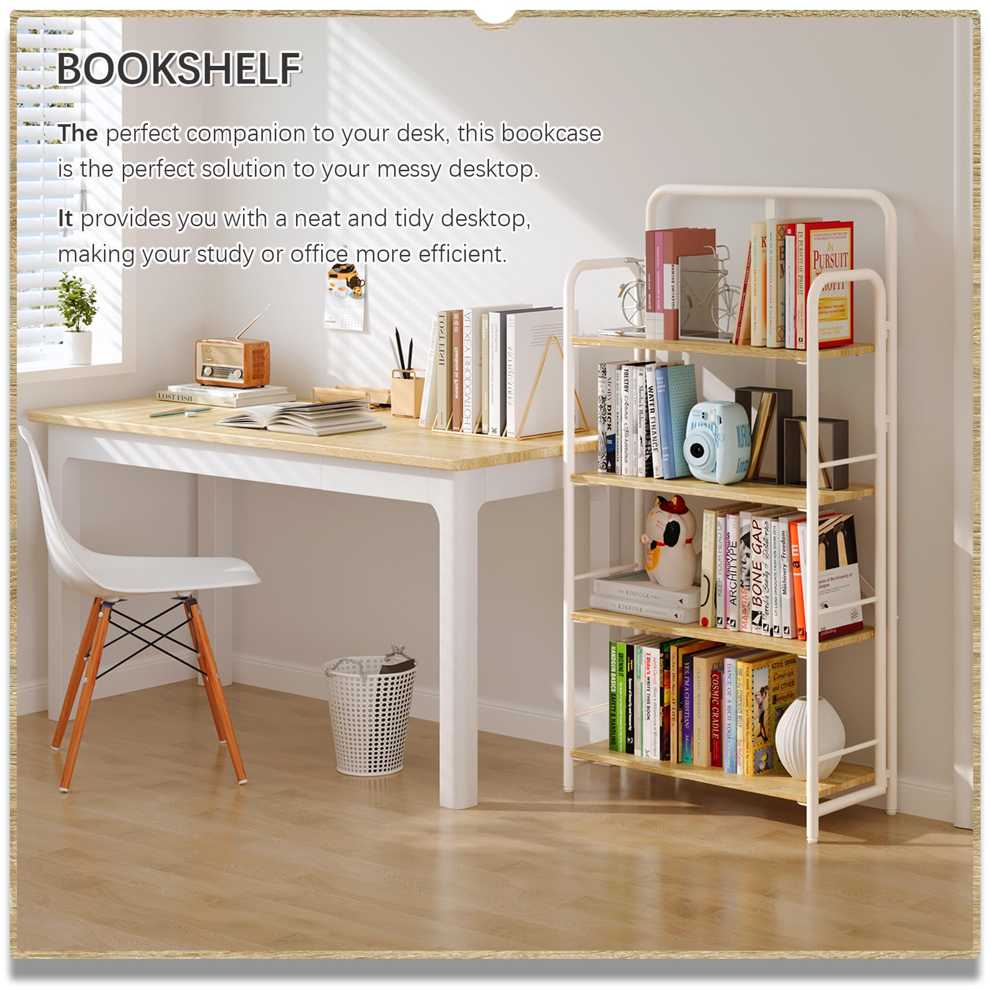 4NM No Assembly Folding Bookshelf, 3 Tiers Collapsible Book Shelves Open Industrial Foldable Storage Bookcase Shelf for Bedroom, Living Room, Home Office - Natural and White