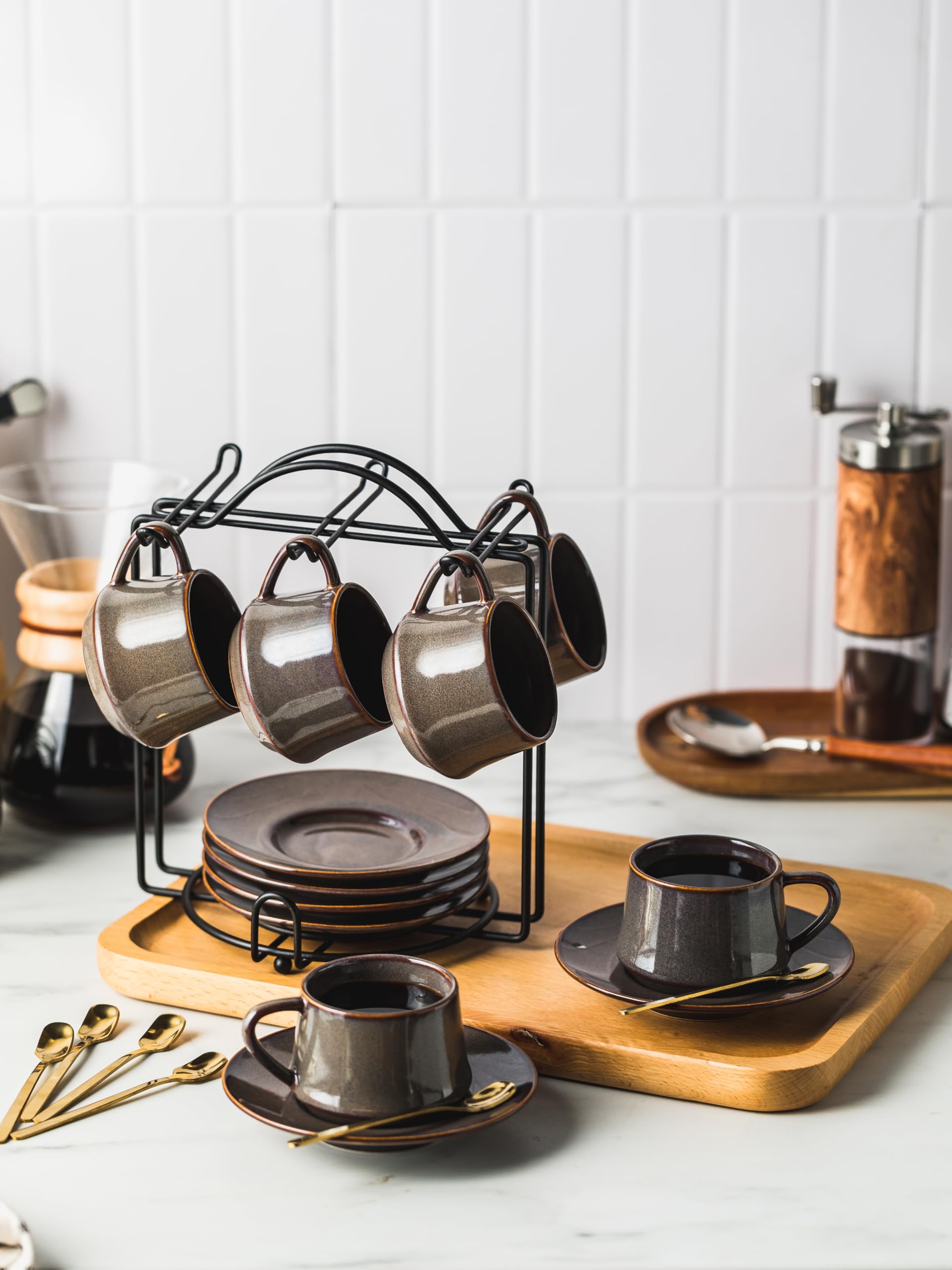 YHOSSEUN Ceramic Espresso Cups Set of 6, 4 OZ Expresso Shots Cup with Stand, Saucers & Spoons, Small Coffee Cup Demitasse Cups for Father's Day, Espresso Accessories for Machine, Black