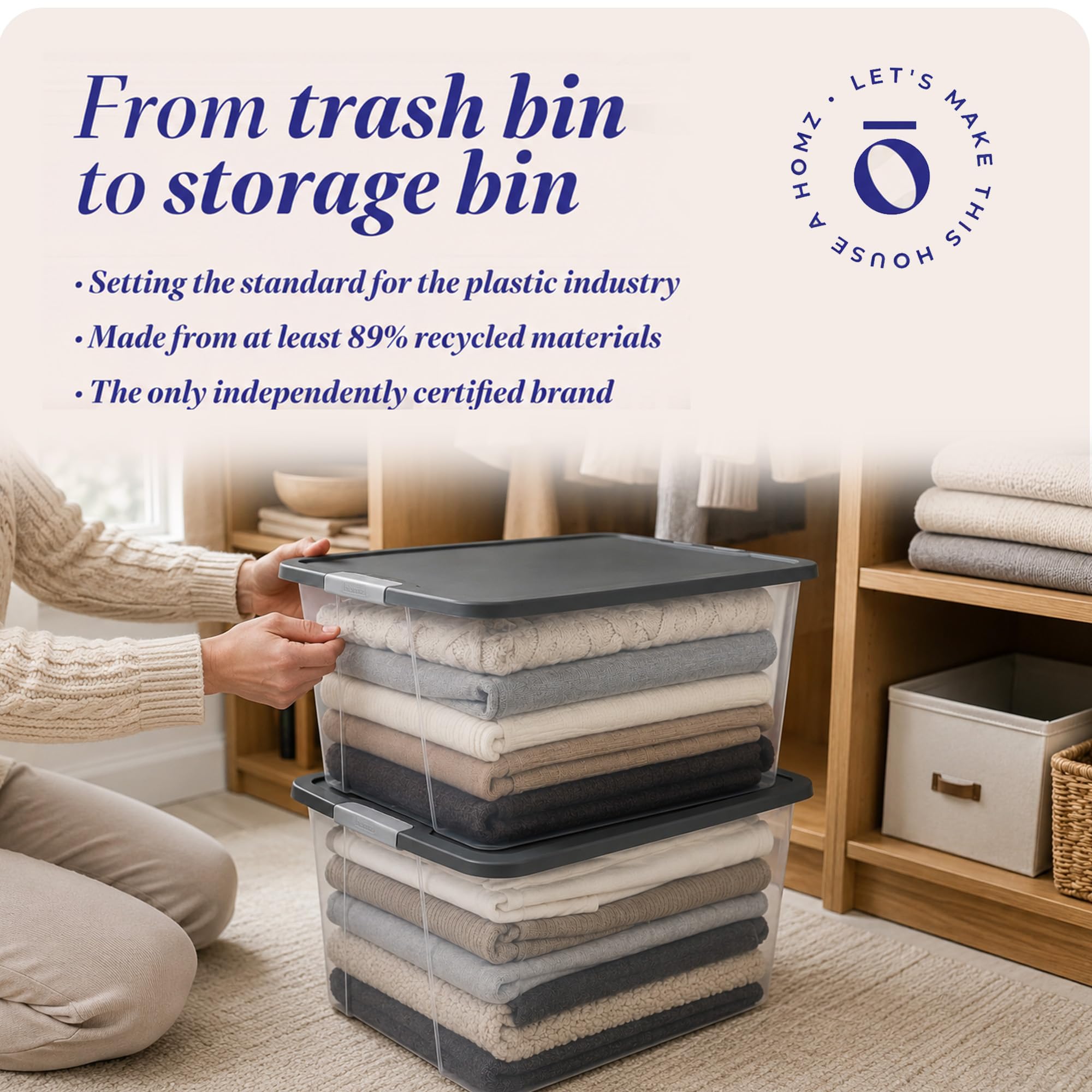 HOMZ 4-Pack Secure Latch, Clear Plastic Storage Organizer Bins, 15 Quart, Gray Lid - Stackable Container Boxes for Bedroom, Bathroom, Garage, and Office Organization