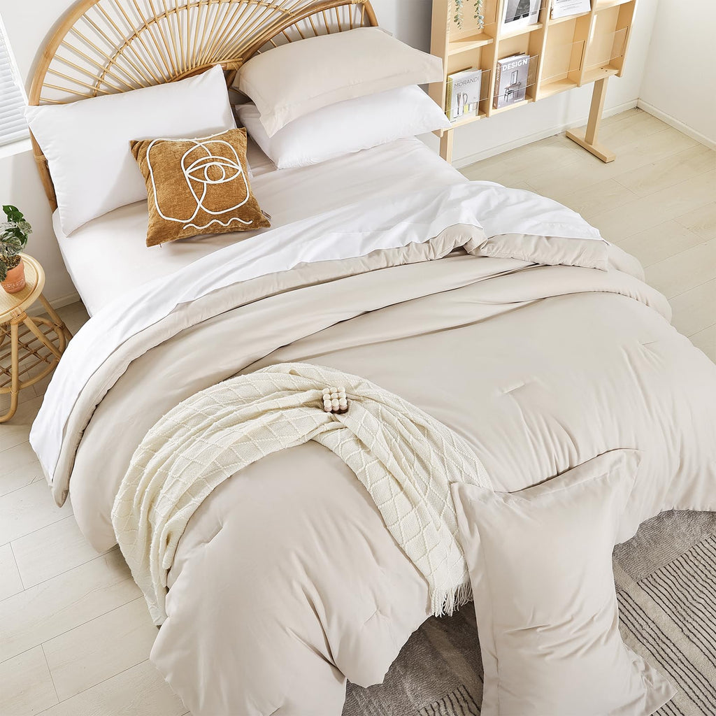 Beige Twin Comforter Set with Sheets - 5 Pieces Bed in a Bag Twin