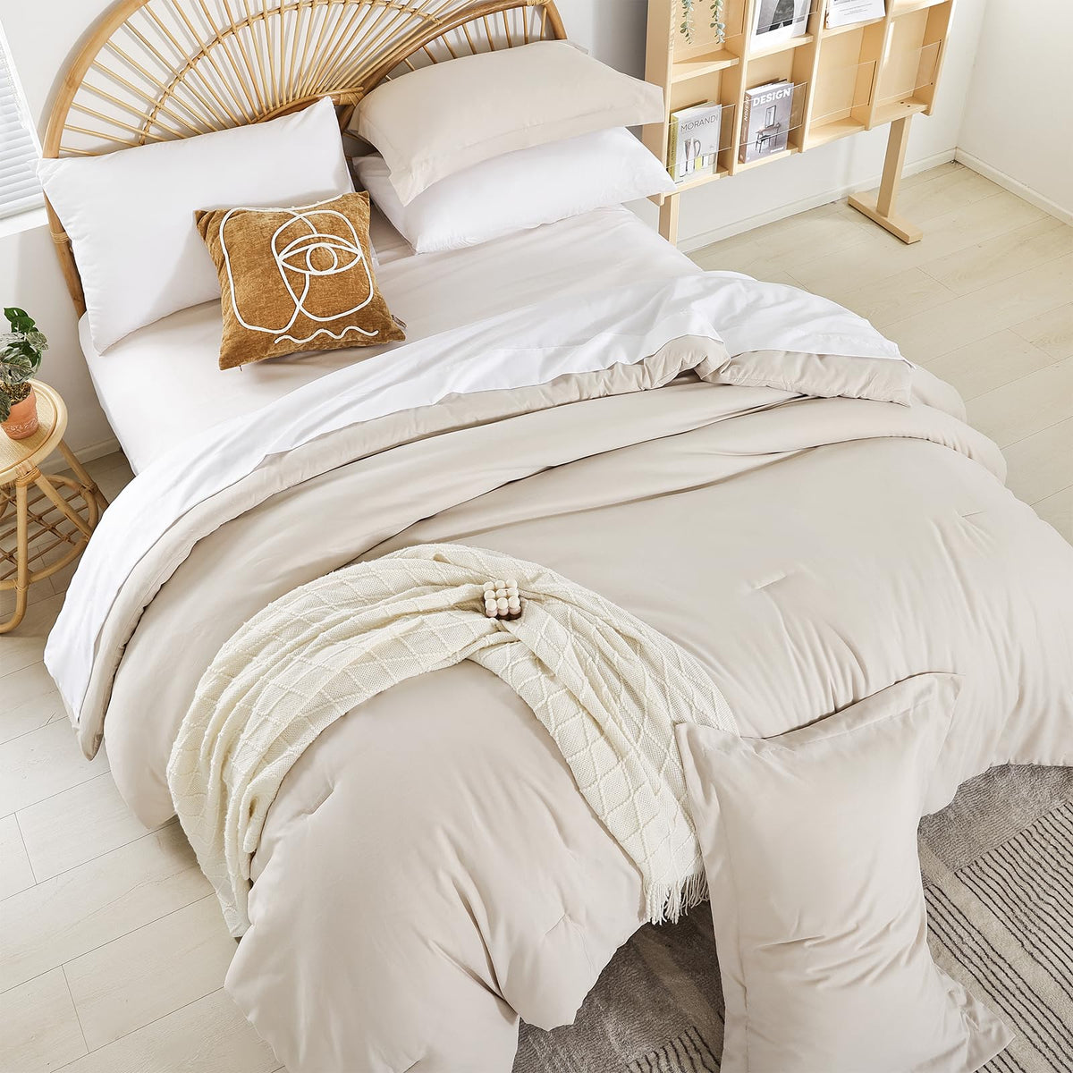 Beige Twin Comforter Set with Sheets - 5 Pieces Bed in a Bag Twin