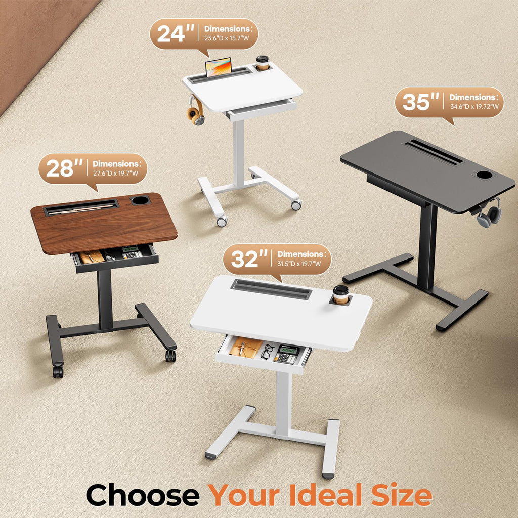 Small Mobile Standing Desk with Drawer, 23.6"x19.7" Rolling Laptop Cart on Wheels, Height Adjustable Sit Stand Computer Workstation with Storage for Compact Space, Black