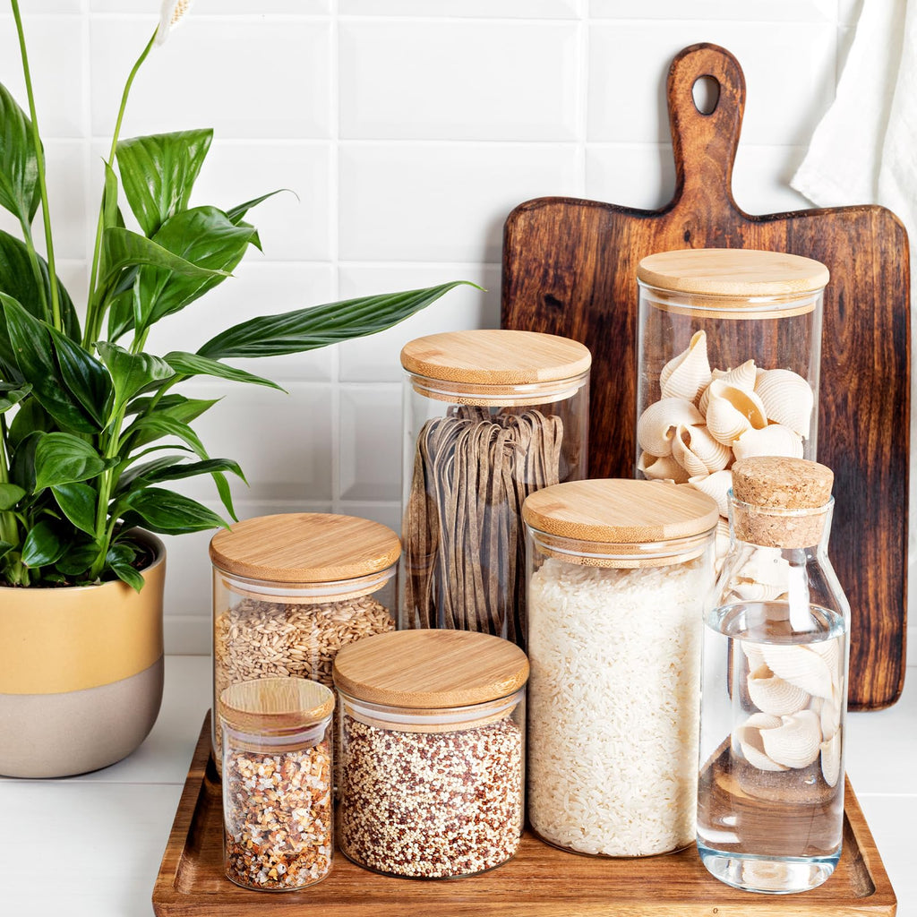 SHOWIN 73oz Glass Pasta Storage Jars, Tall Glass Jars with Bamboo Lids, Spaghetti Container, Set of 3, Kitchen Storage Containers for Pasta, Pantry Organizers