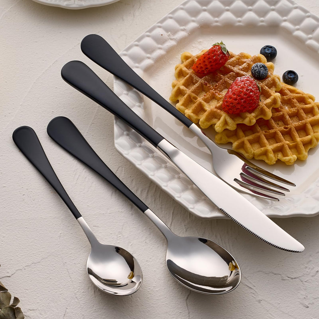 20-Pieces Blac and Pink Silverware Sets for 4,Pink Handle Stainless Steel Cutlery Set, Include Forks Spoons and Knives Set, Dishwasher Safe Utensil Sets for Home Restaurant
