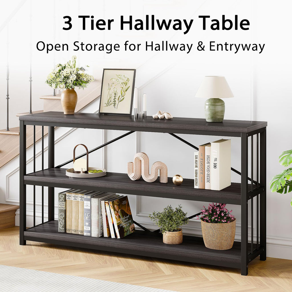 LVB Black Console Table, Modern Entryway Table for Hallway Living Room, Industrial Sofa Table Behind Couch, Farmhouse Wooden Metal Entry Table for Foyer with 3-Tier Storage Shelves, Black Oak, 55 Inch
