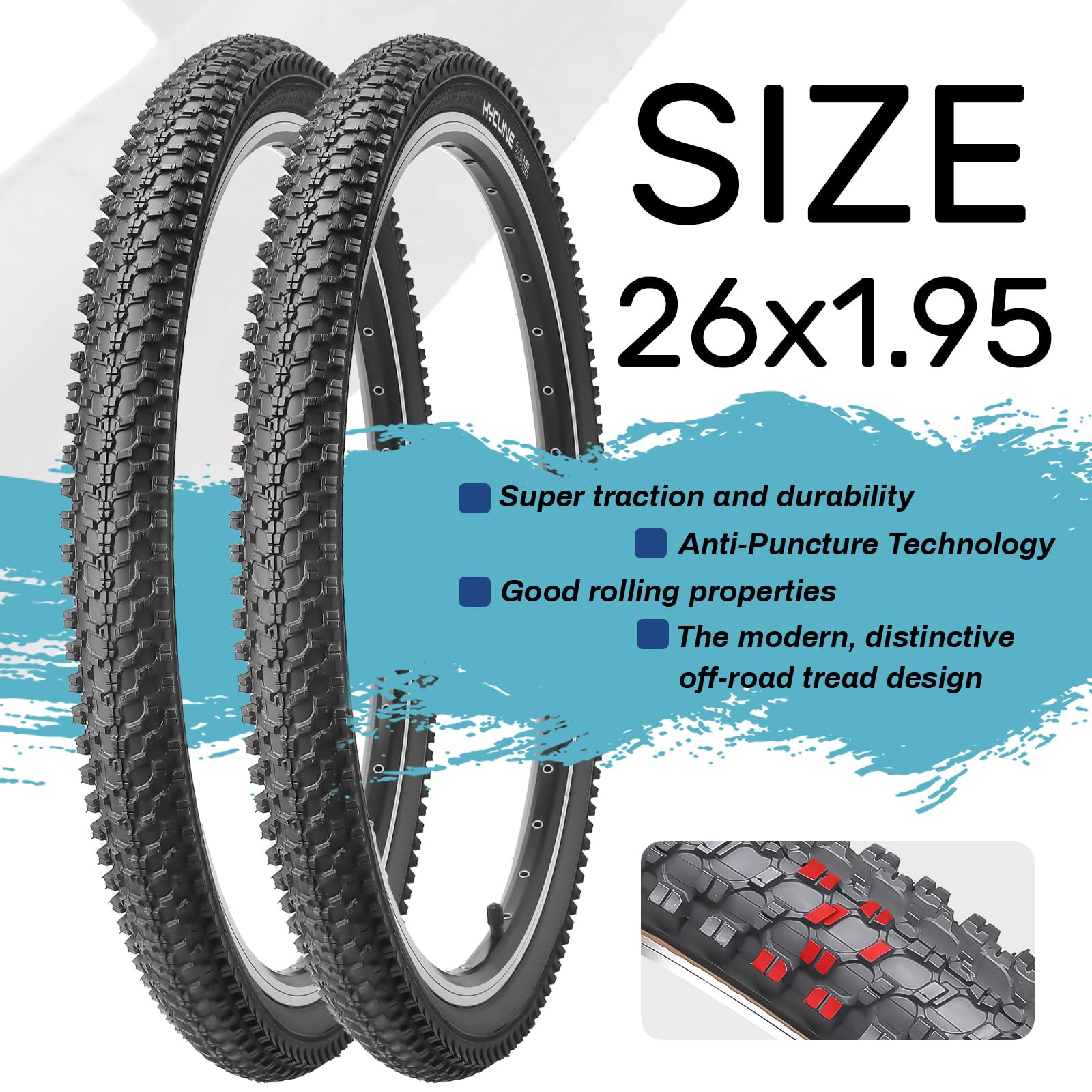Hycline 2-Pack Mountain Bike Tires Set: 20/24/26/27.5-inch Folding Replacement High-Performance Wear-Resistant Bicycle Tires and Pair Inner Tubes with Tire Levers for MTB Off-Road Bike