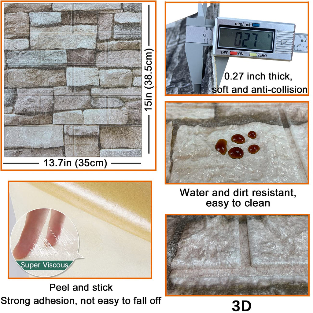 10PCS 3D Wall Panels Peel and Stick 3D Brick Wallpaper Peel and Stick Faux Stone Wall Panel Foam Brick Self-Adhesive Wallpaper (Black,10pcs)