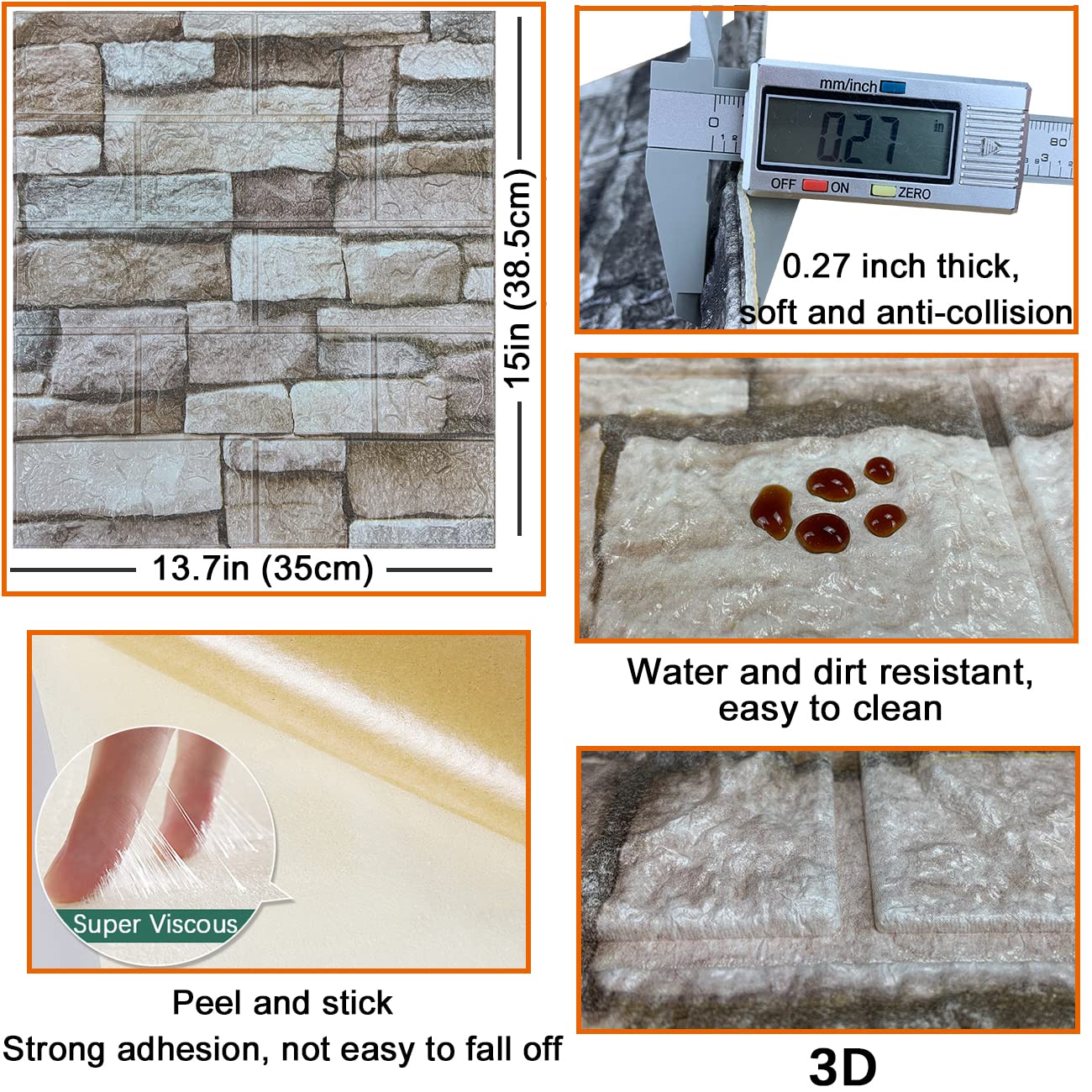 10PCS 3D Wall Panels Peel and Stick 3D Brick Wallpaper Peel and Stick Faux Stone Wall Panel Foam Brick Self-Adhesive Wallpaper (Black,10pcs)