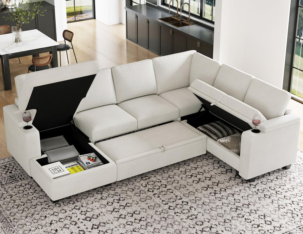Belffin Modular Sectional Sleeper Sofa Bed with Storage Chaise L Shaped Sectional Couches for Living Room Armrest with Cup Holder. White Couch