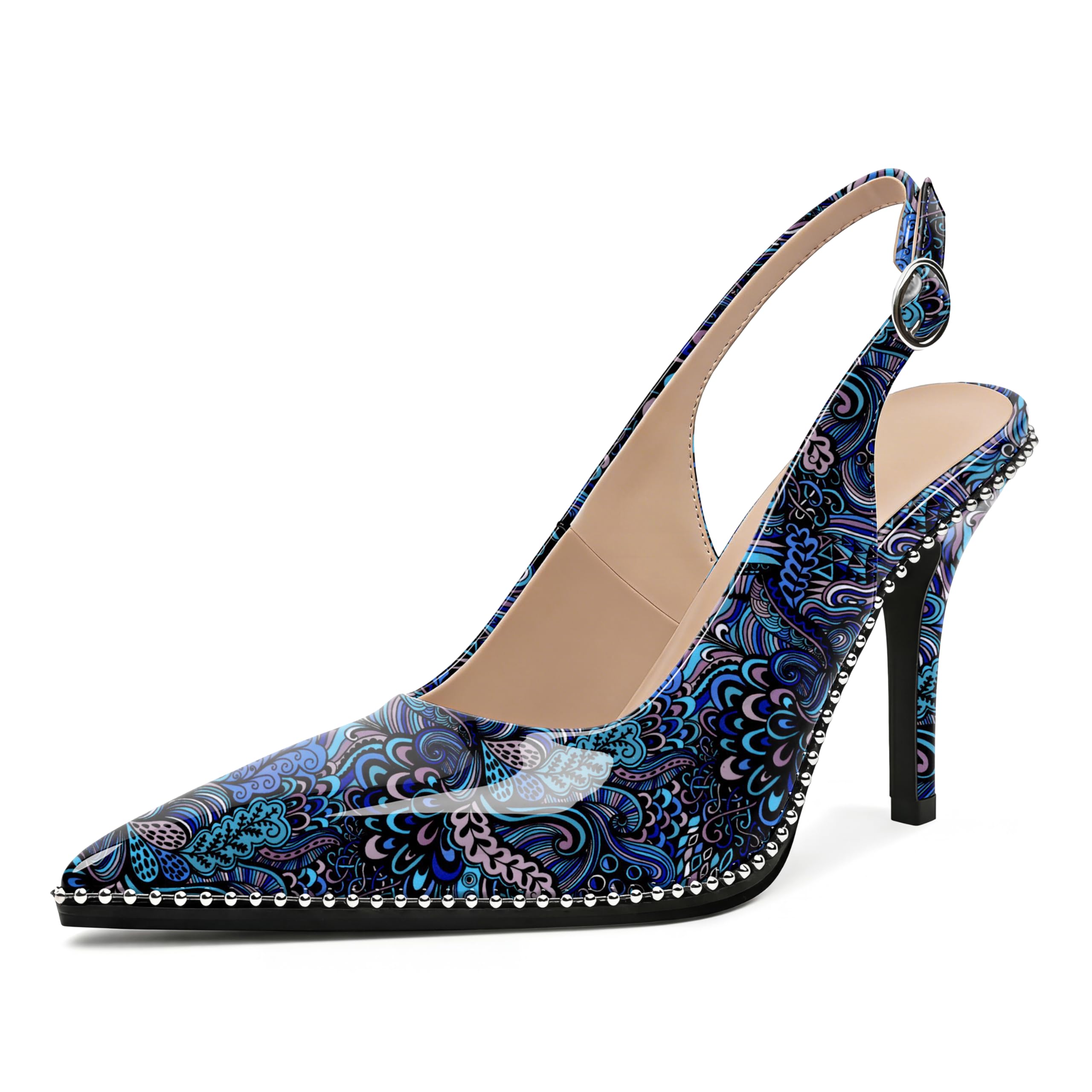 Zamikoo Women Beaded Pumps High Heel Slingback Pointed Toe Slip On 3.5 Inch Stilettos Ankle Strap Adjustable Buckle Patent Leather US Size 5 -Size 13