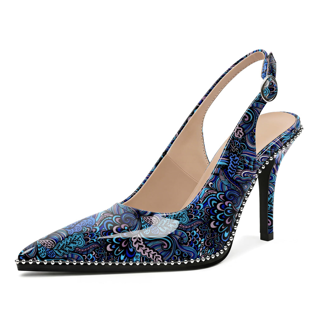 Zamikoo Women Beaded Pumps High Heel Slingback Pointed Toe Slip On 3.5 Inch Stilettos Ankle Strap Adjustable Buckle Patent Leather US Size 5 -Size 13