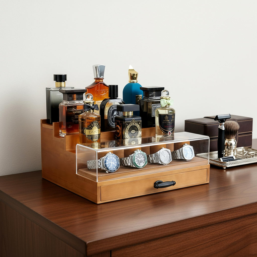 Wooden Cologne Organizer for Men 3 Tier | Black Perfume Holder Shelf for Dresser | High Grade Velvet Lining and Stylish Gift Box | Uncluttered Design Perfume Display Stand