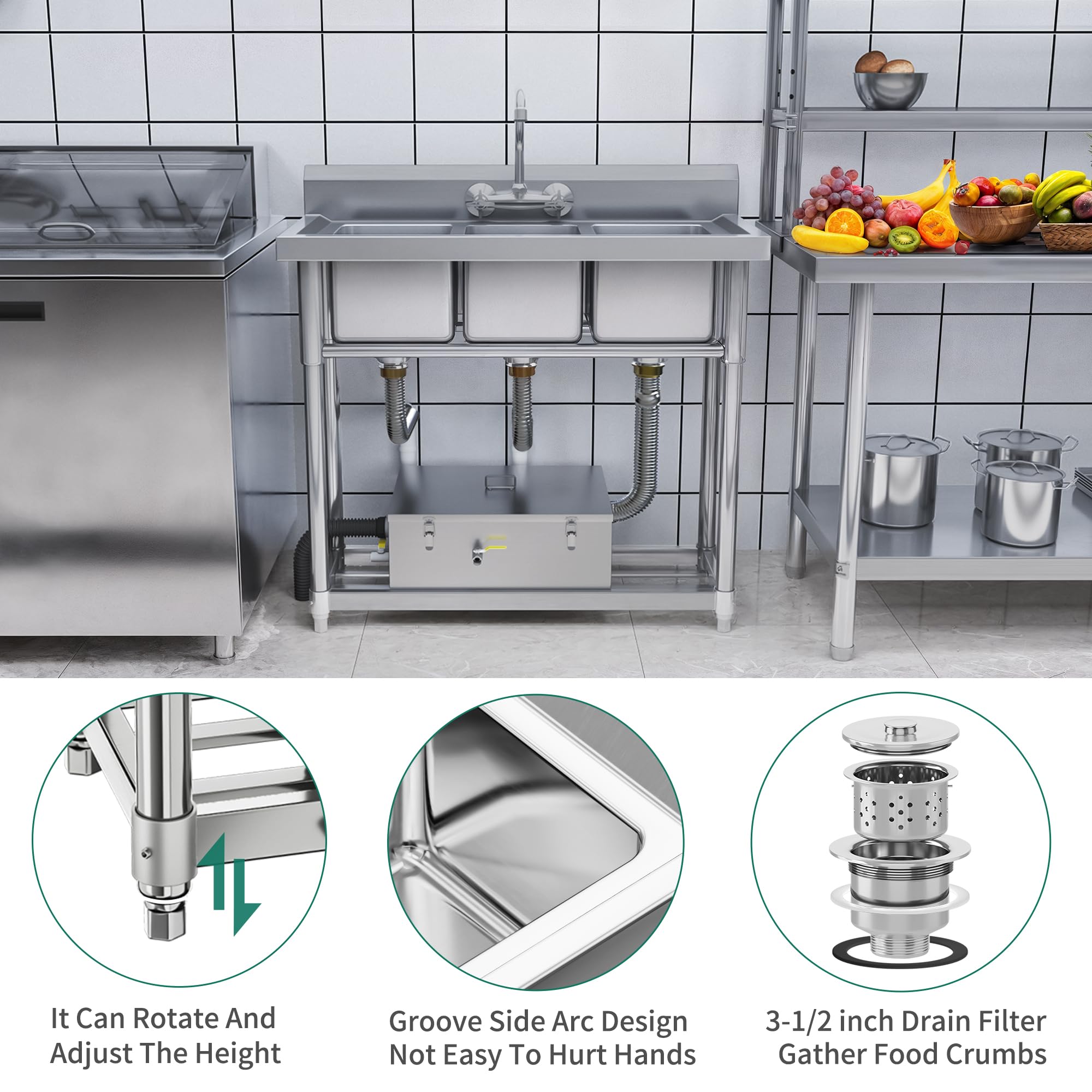 YITAHOME Freestanding Commercial 3 Bay Kitchen Under bar Sink NSF Stainless Steel 3 Compartment Bowl Outdoor Sink with Storage Shelve, Backsplash for Restaurant, Food Truck & Home (39"x 18"x 37")