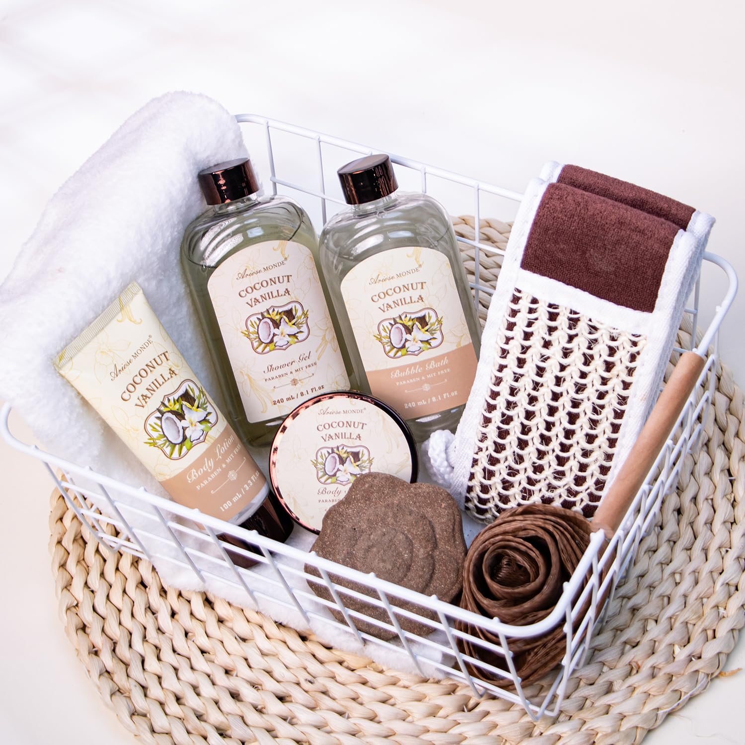 Spa Gift Baskets - Coconut Vanilla Bath Gift Set for Women, Relaxing Spa Kit with Bath Bombs, Body Lotion and Body Scrub, Birthday Gifts for Women, Christmas Spa Gifts for Mom