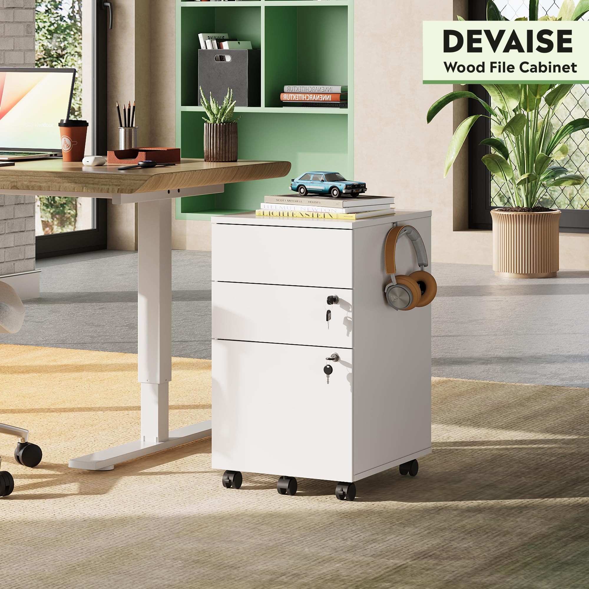 DEVAISE 3 Drawer File Cabinet with Lock, Small Rolling Filing Cabinet Under Desk, Wood Office Drawers Fits Letter/Legal/A4 Size Folders, Black