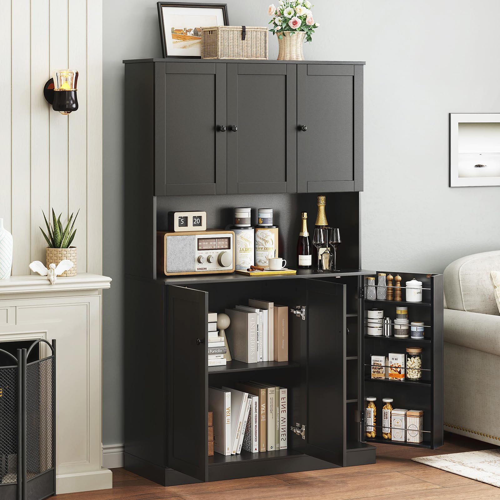 ONBRILL 71" Tall Kitchen Pantry Storage Cabinet with Microwave Stand & Door Shelf, Freestanding Kitchen Hutch with 6 Doors and Adjustable Shelves, Modern Food Pantry for Dining Room, Black