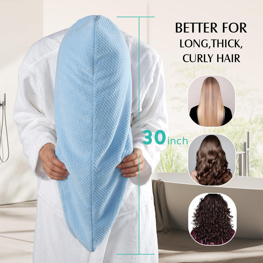 YFONG 3 Pack Large Microfiber Hair Towel Wrap, 30" x 10" Thicker Anti Frizz Quick Dry Hair Towels for Women Long, Curly, Thick Hair, Super Absorbent Hair Turban for Wet Hair (Grey, Pink, Blue)