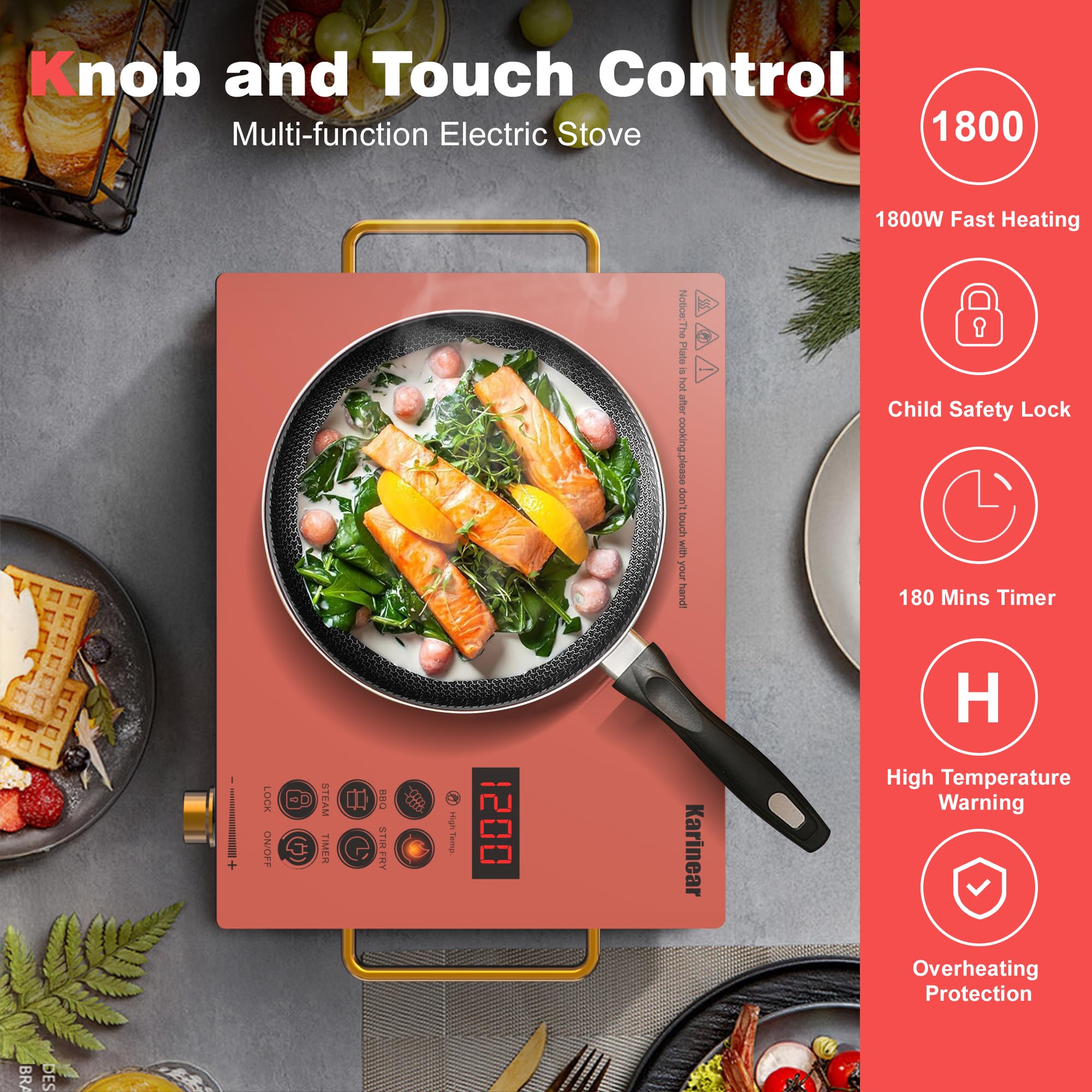 Karinear Portable Electric Stove 110V, 1800W Electric Hot Plate with Handle, Knob Control Single Burner Electri Cooktop, Ceramic Infrared Countertop Burner, Timer, Safety Lock(Green)