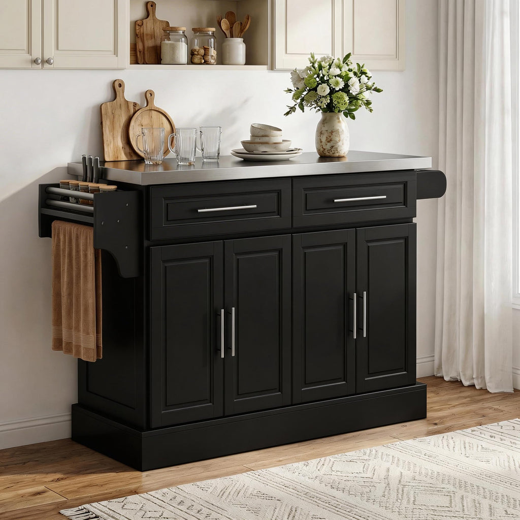 HOMCOM Rolling Kitchen Island Cart with 47" Stainless Steel Top, Portable Island Table for Kitchen with Wheels, Adjustable Shelves, 2 Drawers, Spice, Knife and Towel Rack, Black