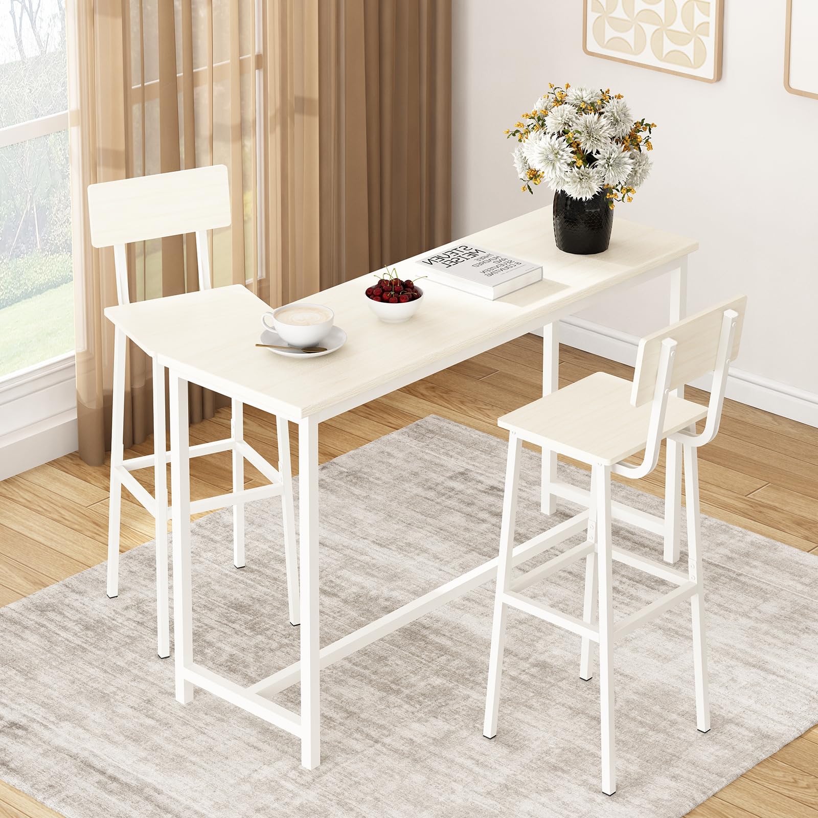 GILLAS Set of 2 Bar Stools, Tall Bar Stool with Backrest and Footrest, Tall Bar Chairs, Industrial Style Counter Height Bar Stool for Dining Room, Kitchen, White