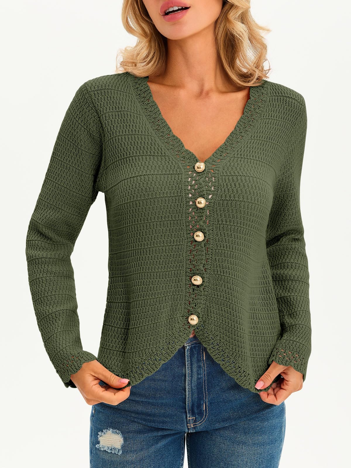Saodimallsu Womens V Neck Cardigan Sweaters Button Up Cropped Boho Knit Long Sleeve Loose Trendy Sweater Tops