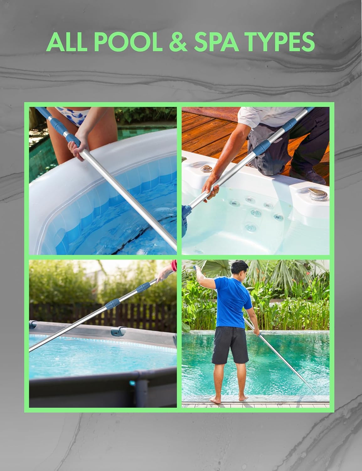 KEMANO Professional 15ft Heavy Duty Swimming Pool Pole, Telescopic Aluminum, Adjustable 3.4-15ft, Fits Pool Vacuum, Net, Brush, Hook, Cleaning Tools, Universal Mount, Anti-Slip Grip, Twist Lock Design