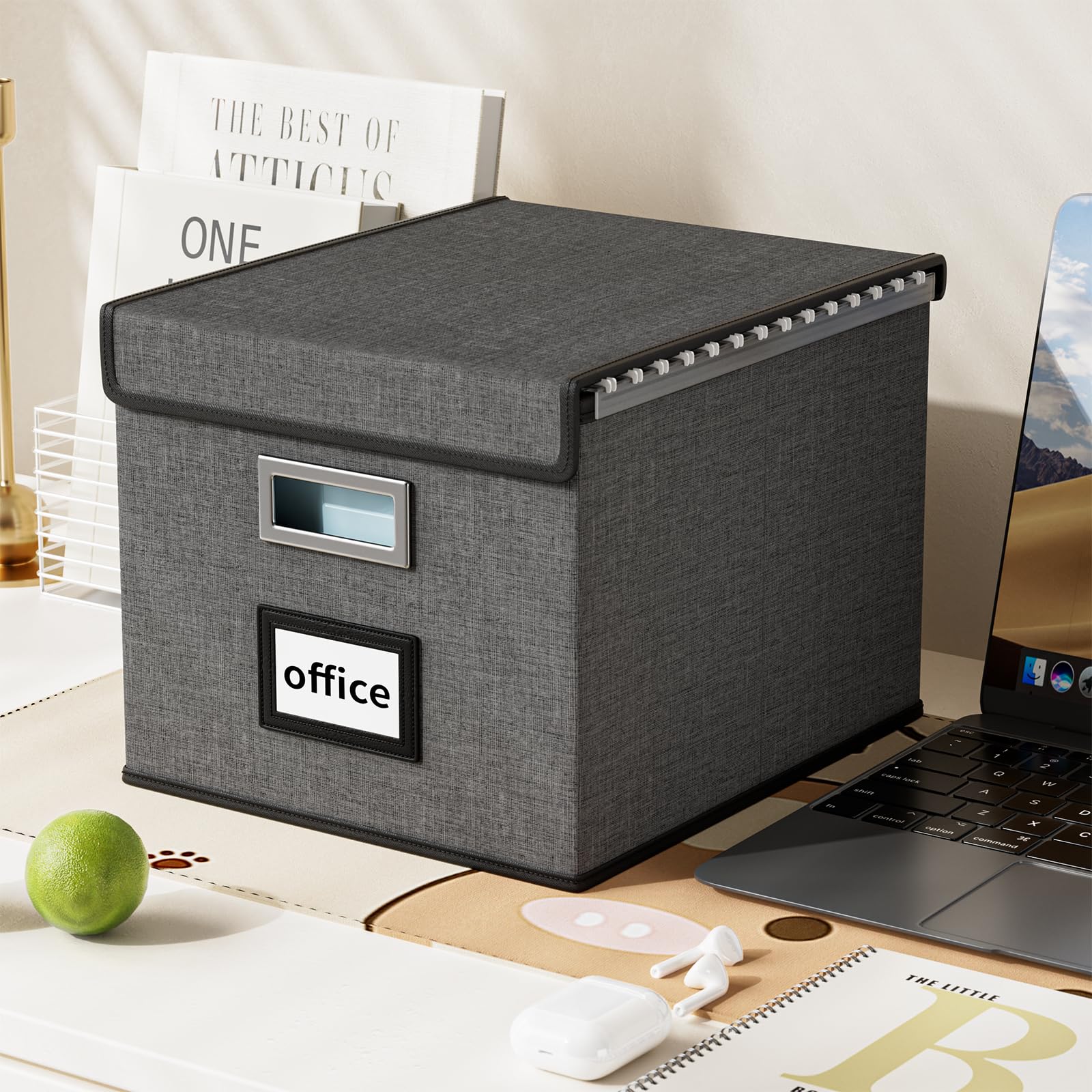 File Organizer Box with Lid, Collapsible Faux Leather Hanging File Folder Box Organizer with Plastic Slides, Decorative Home/Office Filing System Boxes for File and Folders Storage