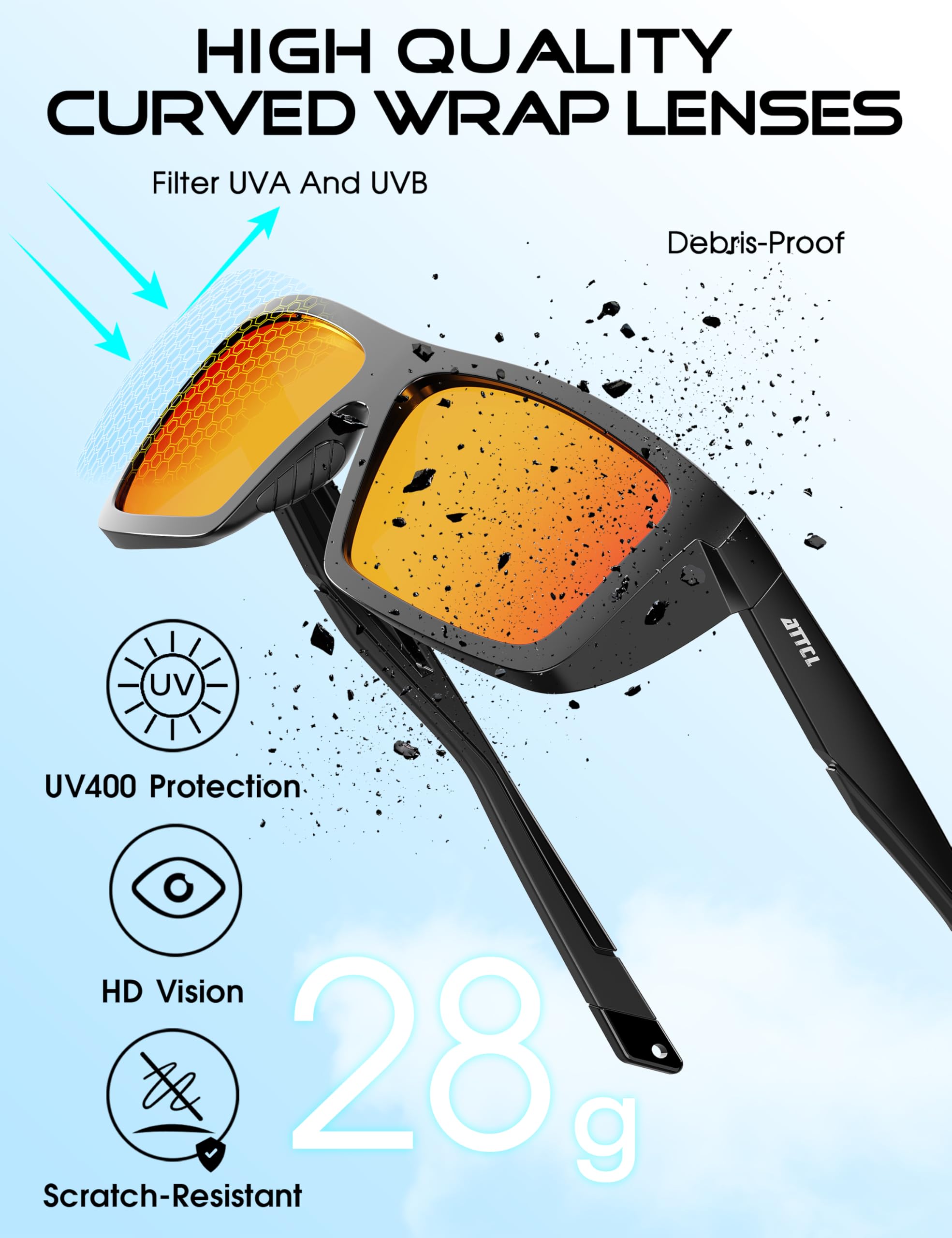 ATTCL Sports Polarized Sunglasses for Men: Secure Anti-Slip Lightweight TR90 Square Frame UV Protection for Driving Fishing