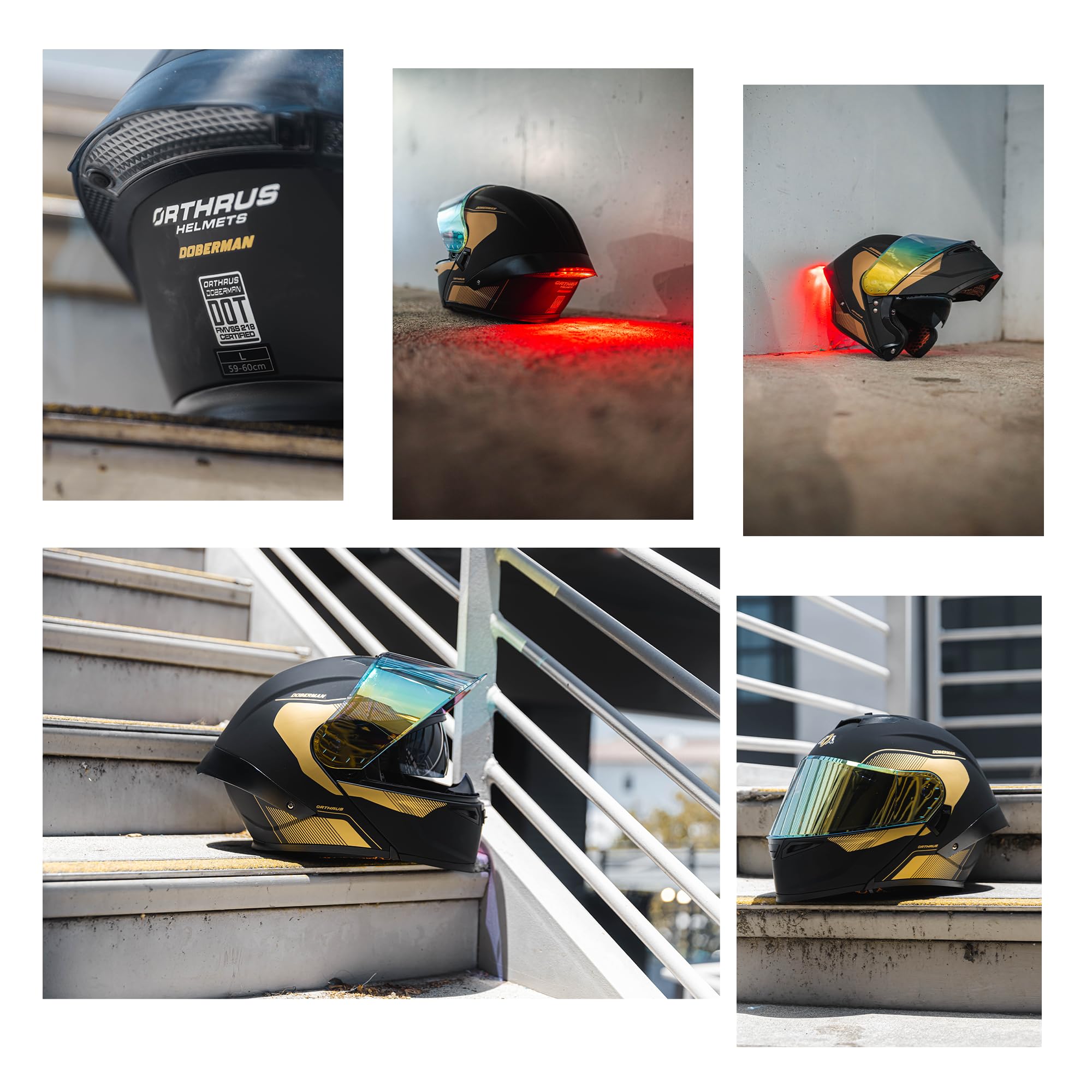 Orthrus Modular LED Full Face Motorcycle Helmet - DOT Approved Flip-Up Dual Visor Sun Shield & Bluetooth Ready for Adults Men Women - Street Bike/Motocross (Dobermann Gold, S)