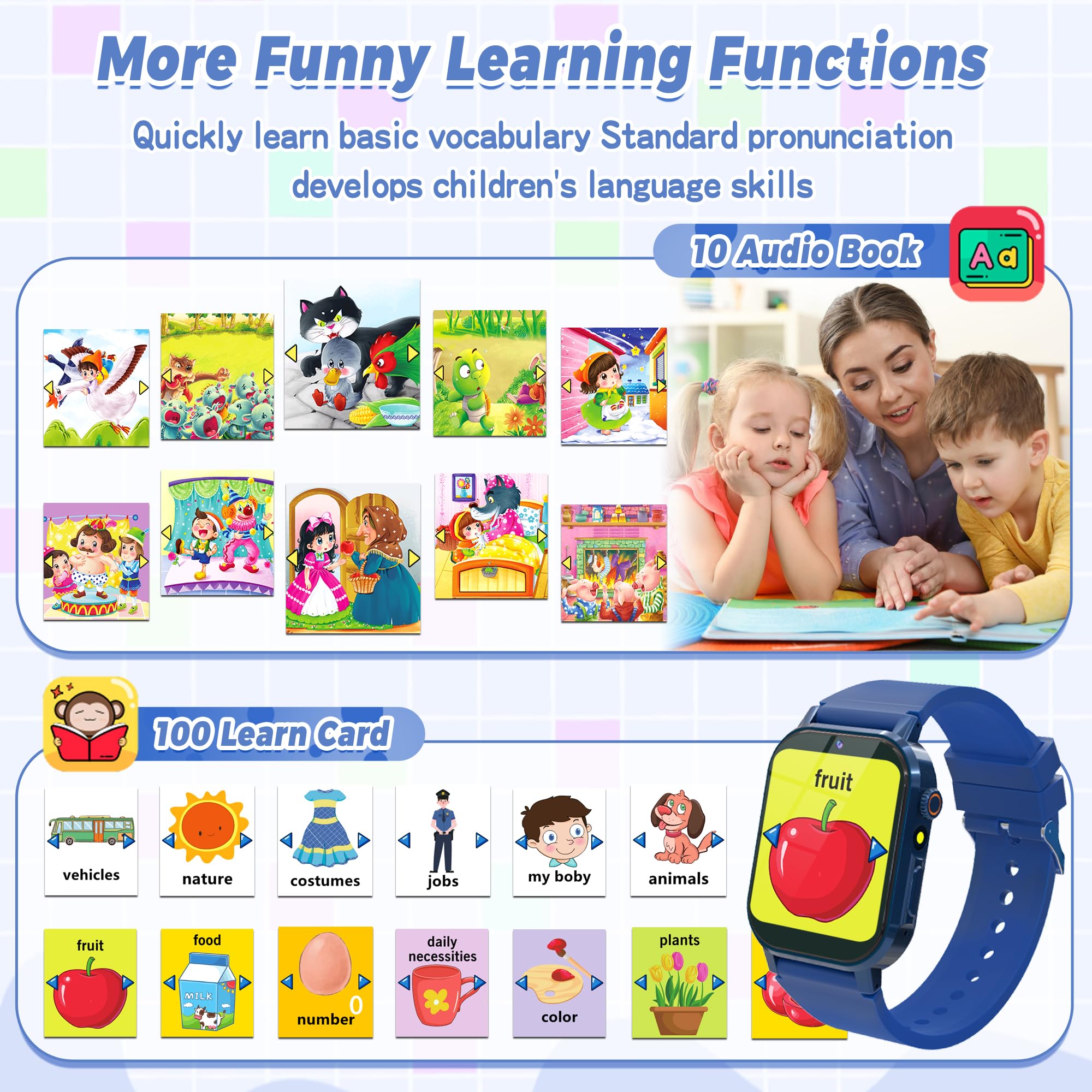 Kids Smart Watch Boys, Kids Game Smart Watch with 32 Games HD Touch Screen Video Camera Music Player Audiobooks Pedometer Flashlight Alarm Clock 12/24 hr, Toys Gift for 3-12 Years Old Boys Girls