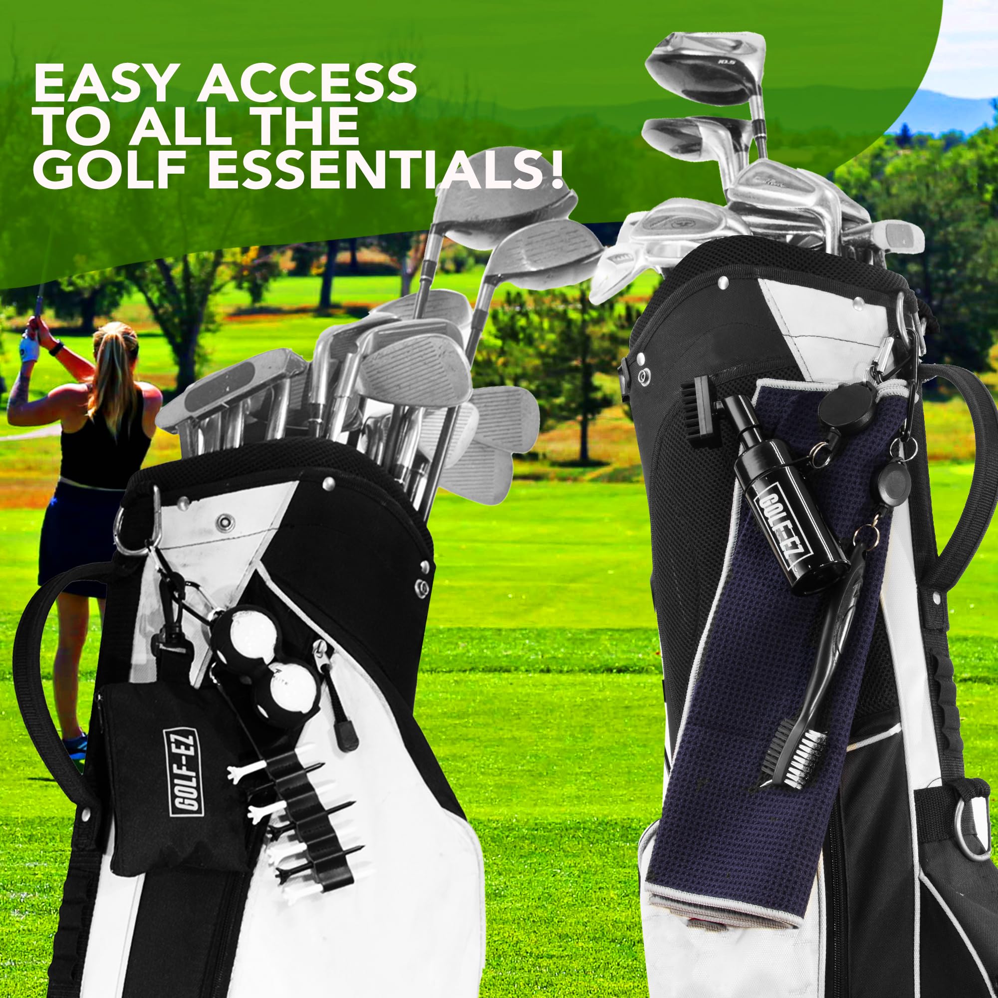 Golf Essentials Kit | Must-Have Accessories – Water Brush, Towel, Club Brush, Ball Marker, Divot Repair Tool, Ball & Tee Holder, Golf Gifts for Men & Women