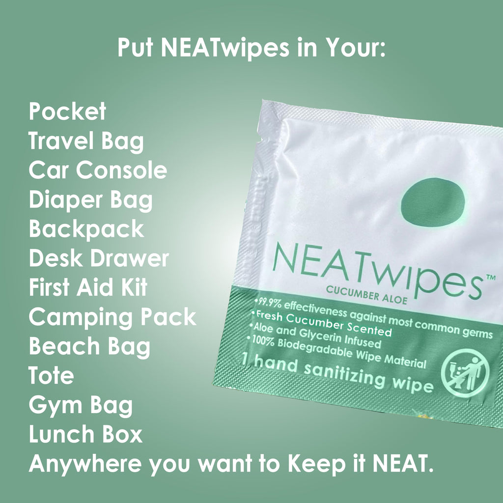 NEATwipes Hand Sanitizing Wipes | Travel Size | Disposable Wet Wipe & Biodegradable | Fresh Citrus Essential Oil | Soothing Aloe Vera | 24 Individually Wrapped Wipes