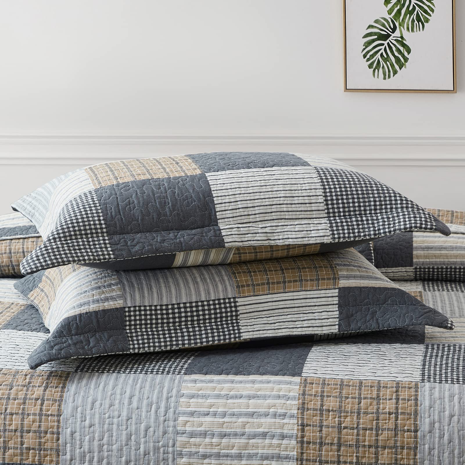 Y-PLWOMEN 100% Cotton Farmhouse Plaid Lightweight 3-Pieces Quilt Set (Blue Brown, Queen90 * 98 Inch)