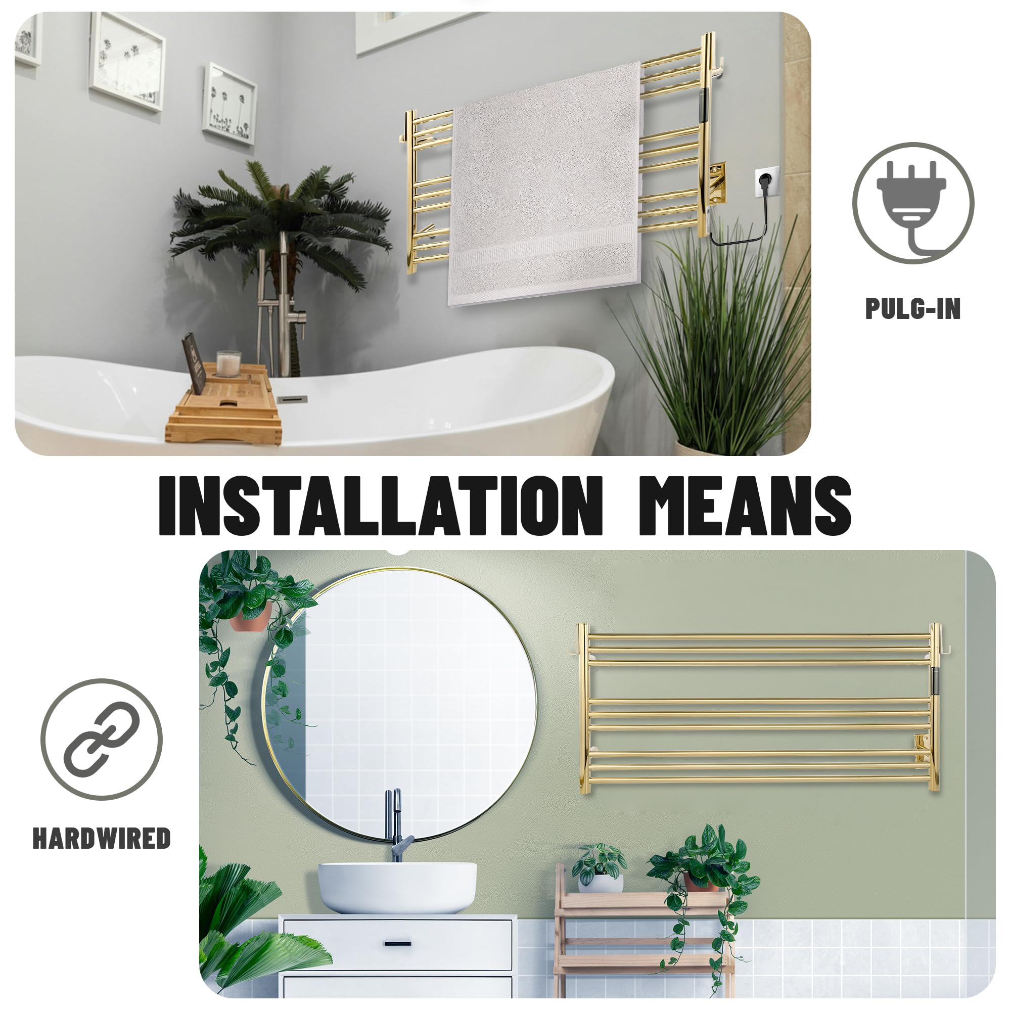 K&KALONZO Wall-Mounted 9-Bar Heated Towel Rack, Fast Heat in 2 Min, NTC Safety | 4 Timers & 3 Heat Levels Control, Plug-In/Hardwired, Top Hooks, Memory Function, Anti-Scald, Stainless Steel, EL13ML