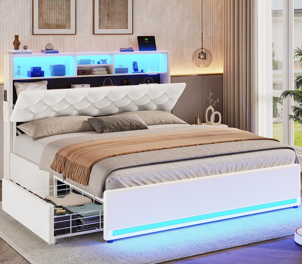 BTHFST Twin Bed Frames with Headboard & 4 Drawers, LED Bed Frame Twin with Charging Station, Upholstered and Metal Twin Bed with Storage, No Box Spring Needed, Black PU