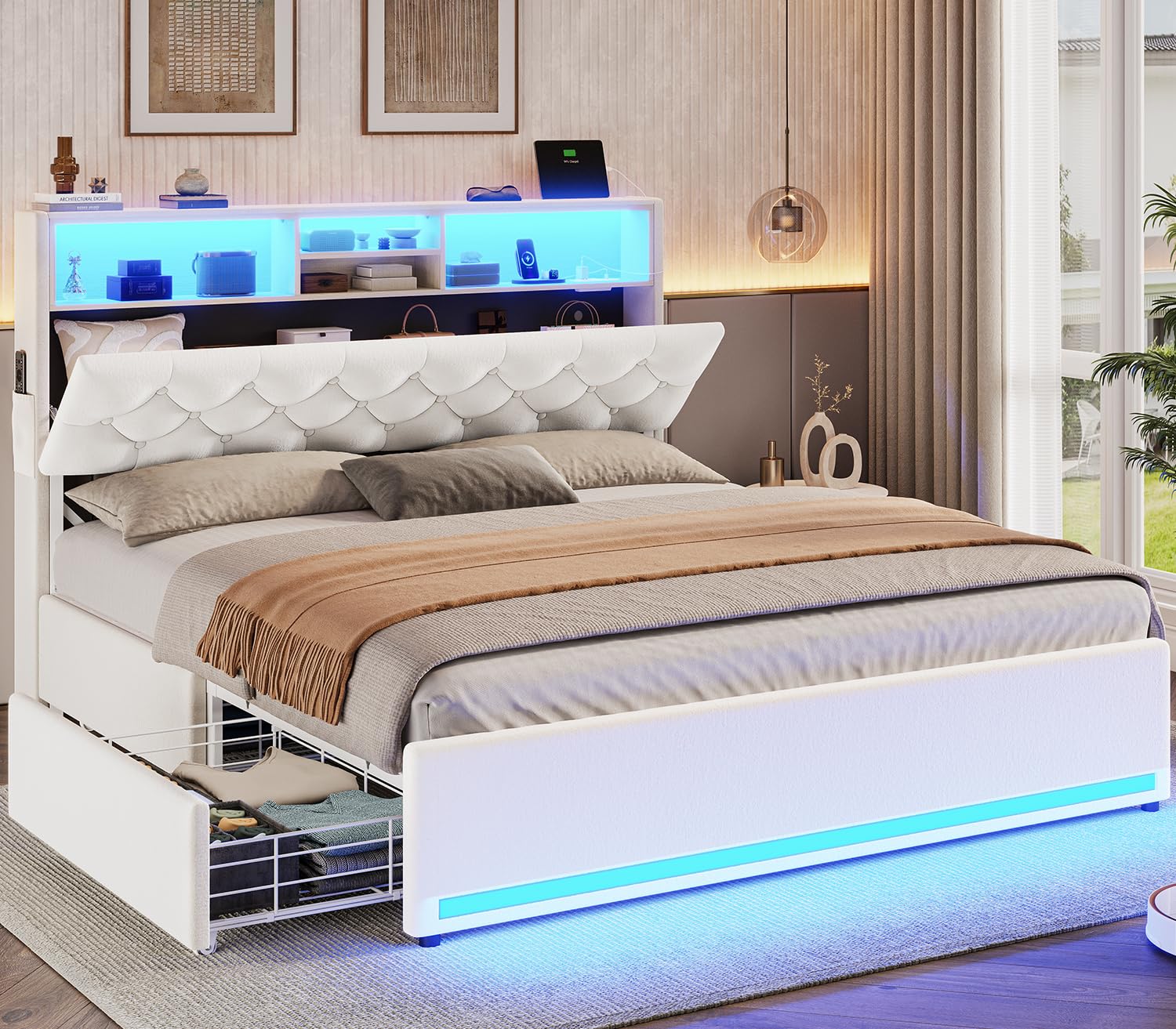 BTHFST Twin Bed Frames with Headboard & 4 Drawers, LED Bed Frame Twin with Charging Station, Upholstered and Metal Twin Bed with Storage, No Box Spring Needed, Black PU