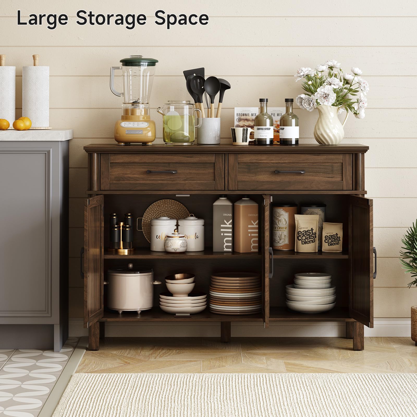 ONBRILL 48 Inches Buffet Cabinet with Storage, Farmhouse Sideboard Buffet w/2 Drawers and 3 Doors, Wood Coffee Bar Cabinet with Adjustable Shelves, Sideboard Storage for Kitchen, Living Room, Black