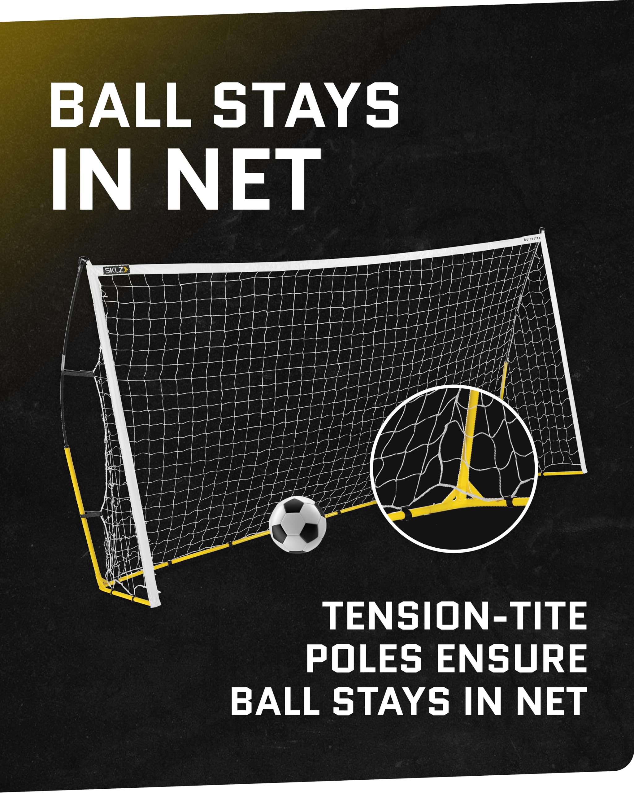 SKLZ Quickster Soccer Goal - Portable Goal for Backyard & Field - Durable Tension-Tite Frame & Heavy Gauge 2-Ply Net - Adjustable Click-Lock Poles, Metal Stakes - Carrying Case with Handle