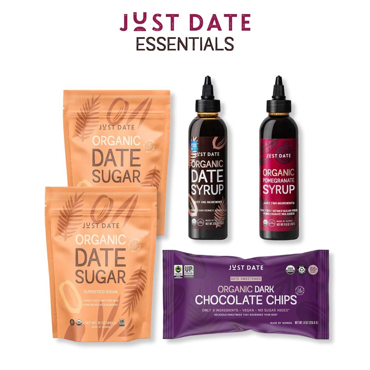 Just Date Organic Date Sweetened Dark Chocolate Chips / 65% Cacao / Vegan / No Sugar Added / Only 3 Ingredients / Low Glycemic Index / 8 Oz