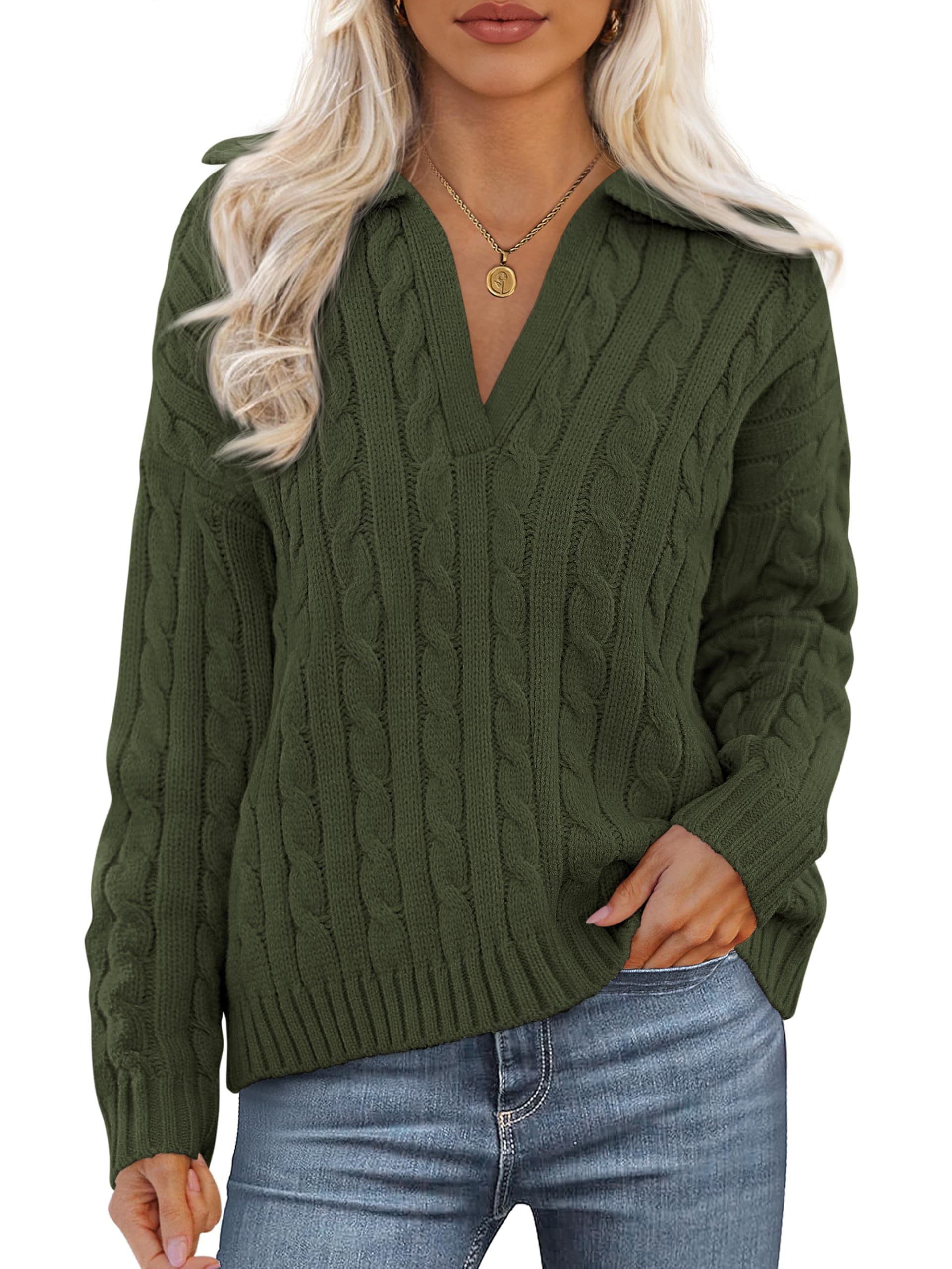 PRETTYGARDEN Spring Cable Knit Oversized Sweaters for Women 2026 Polo V Neck Long Sleeve Casual Chunky Sweater Pullover Tops